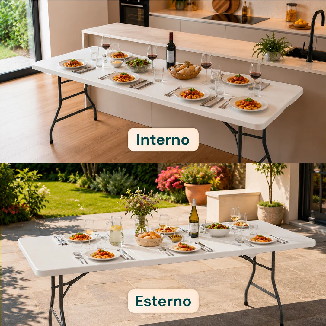 Tavolo Pieghevole Richiudibile a Valigetta 180x70x74 cm Portatile in Resina PP, Bianco, Portata 120 kg