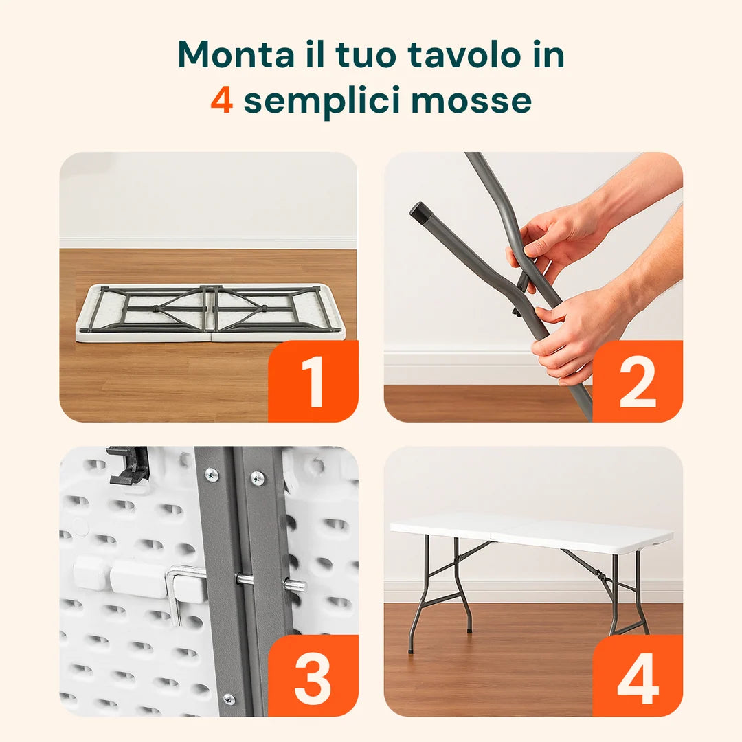 Tavolo Pieghevole Richiudibile a Valigetta 180x70x74 cm Portatile in Resina PP, Bianco, Portata 120 kg