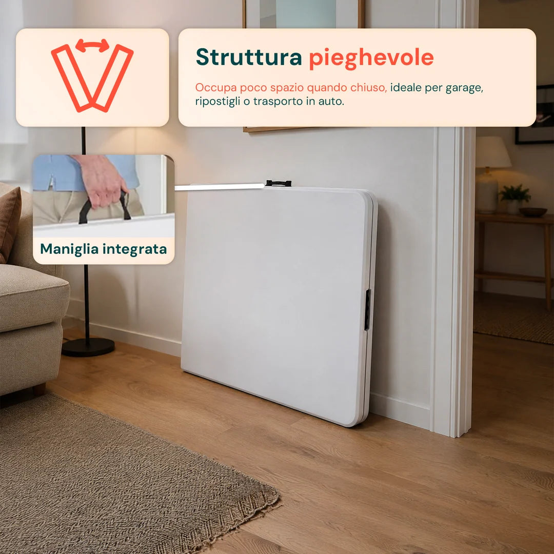 Tavolo Pieghevole Richiudibile a Valigetta 180x70x74 cm Portatile in Resina PP, Bianco, Portata 120 kg
