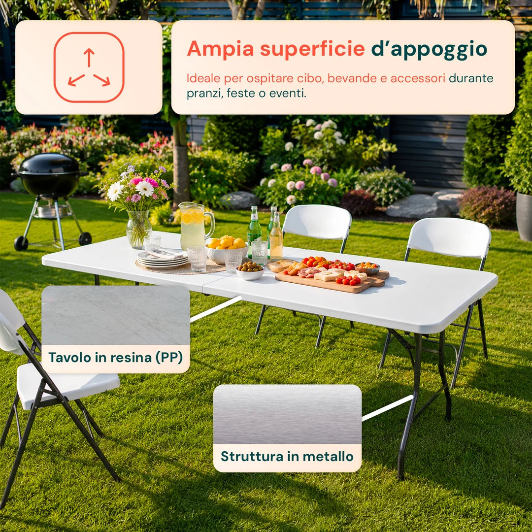 Tavolo Pieghevole Richiudibile a Valigetta 180x70x74 cm Portatile in Resina PP, Bianco, Portata 120 kg