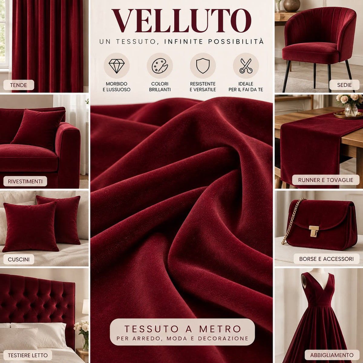 Velluto al Metro H 280 cm  290 g/m² Tessuto per Tende Arredo Tappezzeria e Abbigliamento Vari Colori