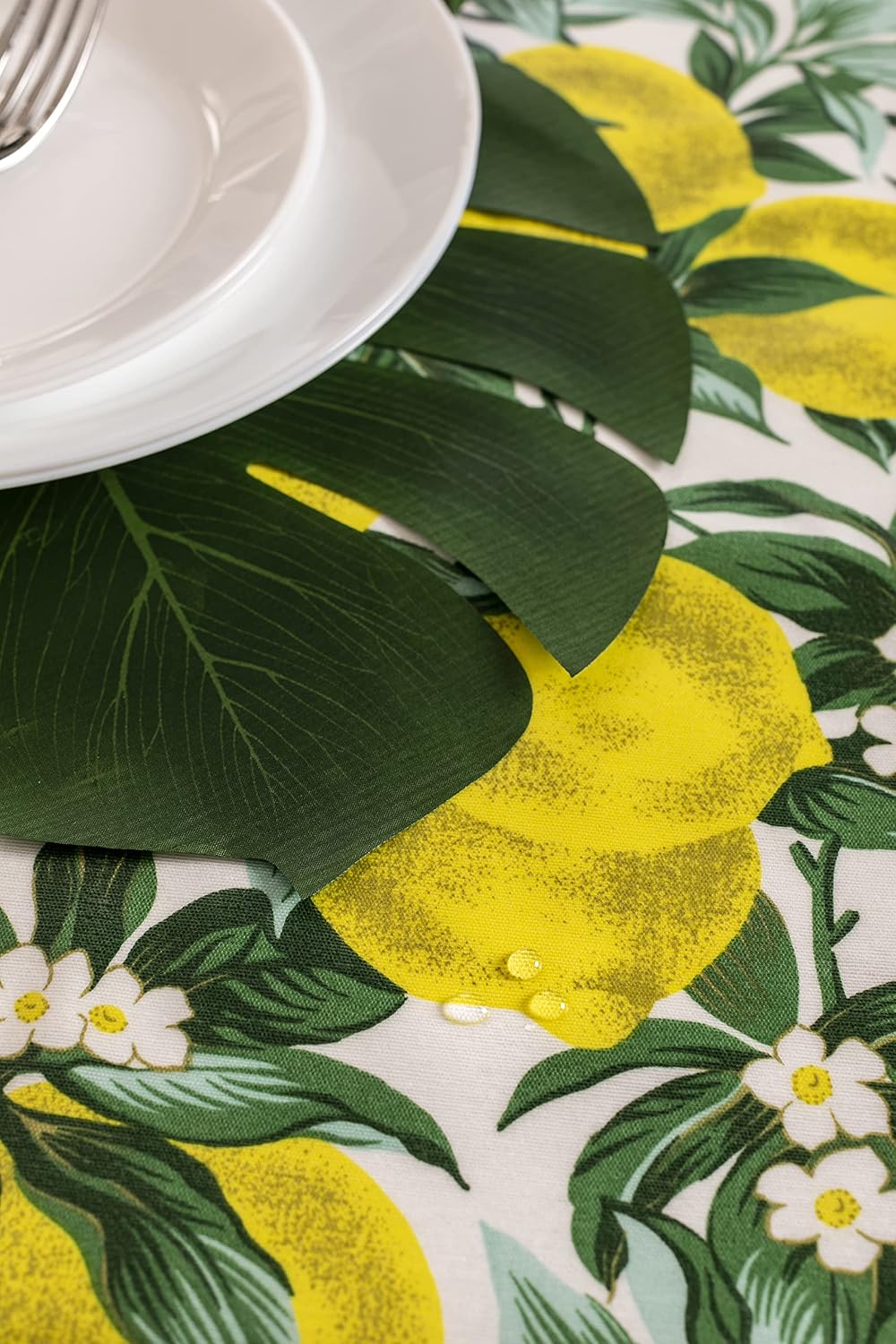 Tovaglia Copritavolo 12 Posti 140x230 cm Plastificata Elegante Rettangolare Linea Limoni Antimacchia e Lavabile Stile shabby con voilant