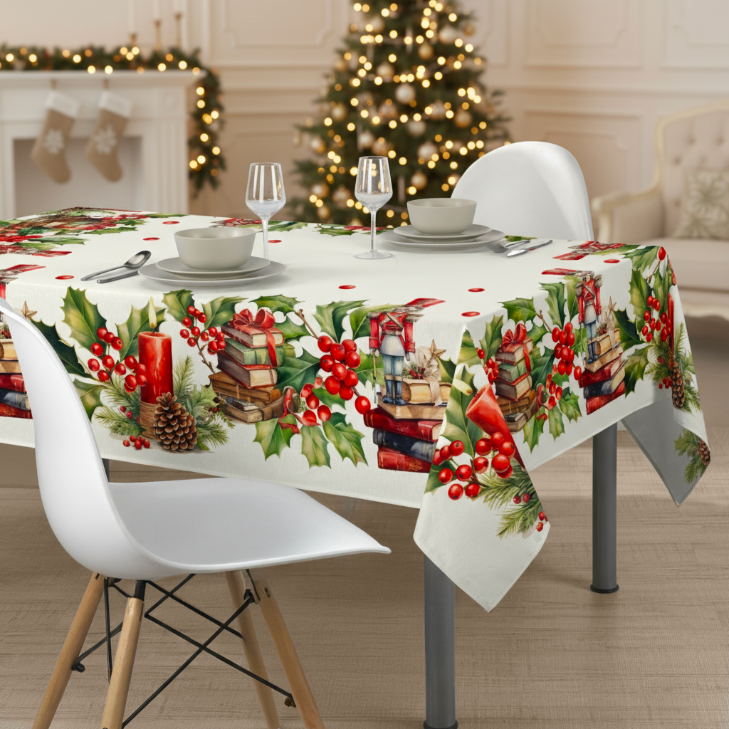 Tovaglia Natalizia 18 Posti 140x360 cm in Cotone Stampa Digitale 3D 4K Candle Eleganza e Raffinatezza per Tavole Natalizie Grandi