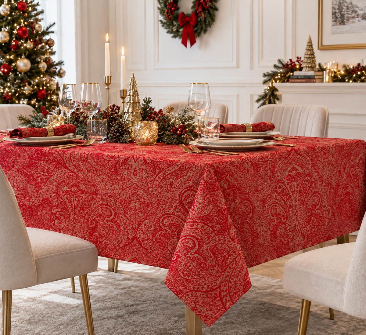 Tovaglia Natalizia in Raso Rosso con Glitter Dorati 140x180 cm 6 Posti Fantasia Elegante Effetto Jacquard