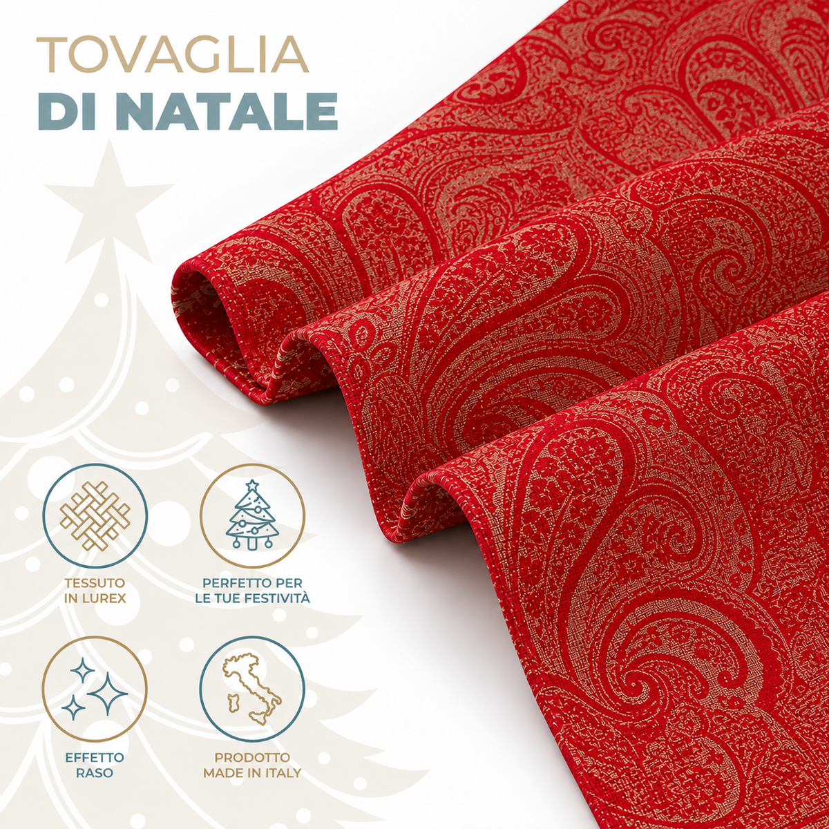 Tovaglia Natalizia in Raso Rosso con Glitter Dorati 140x180 cm 6 Posti Fantasia Elegante Effetto Jacquard