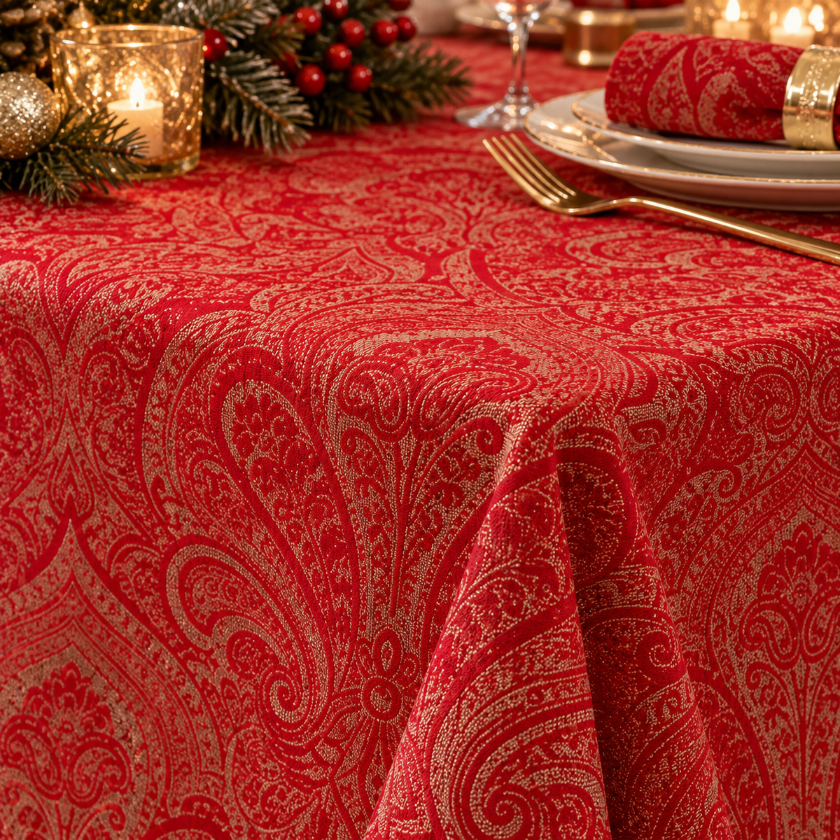 Tovaglia Natalizia in Raso Rosso con Glitter Dorati 140x180 cm 6 Posti Fantasia Elegante Effetto Jacquard