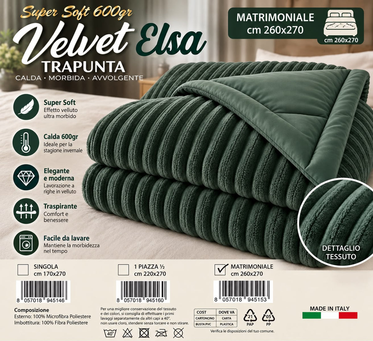 Trapunta Matrimoniale Invernale Velvet Elsa Super Soft 600 gr Effetto Velluto a Righe in Rilievo Calda e Morbidissima Imbottitura Extra Comfort Double Face 260x270 cm Made in Italy