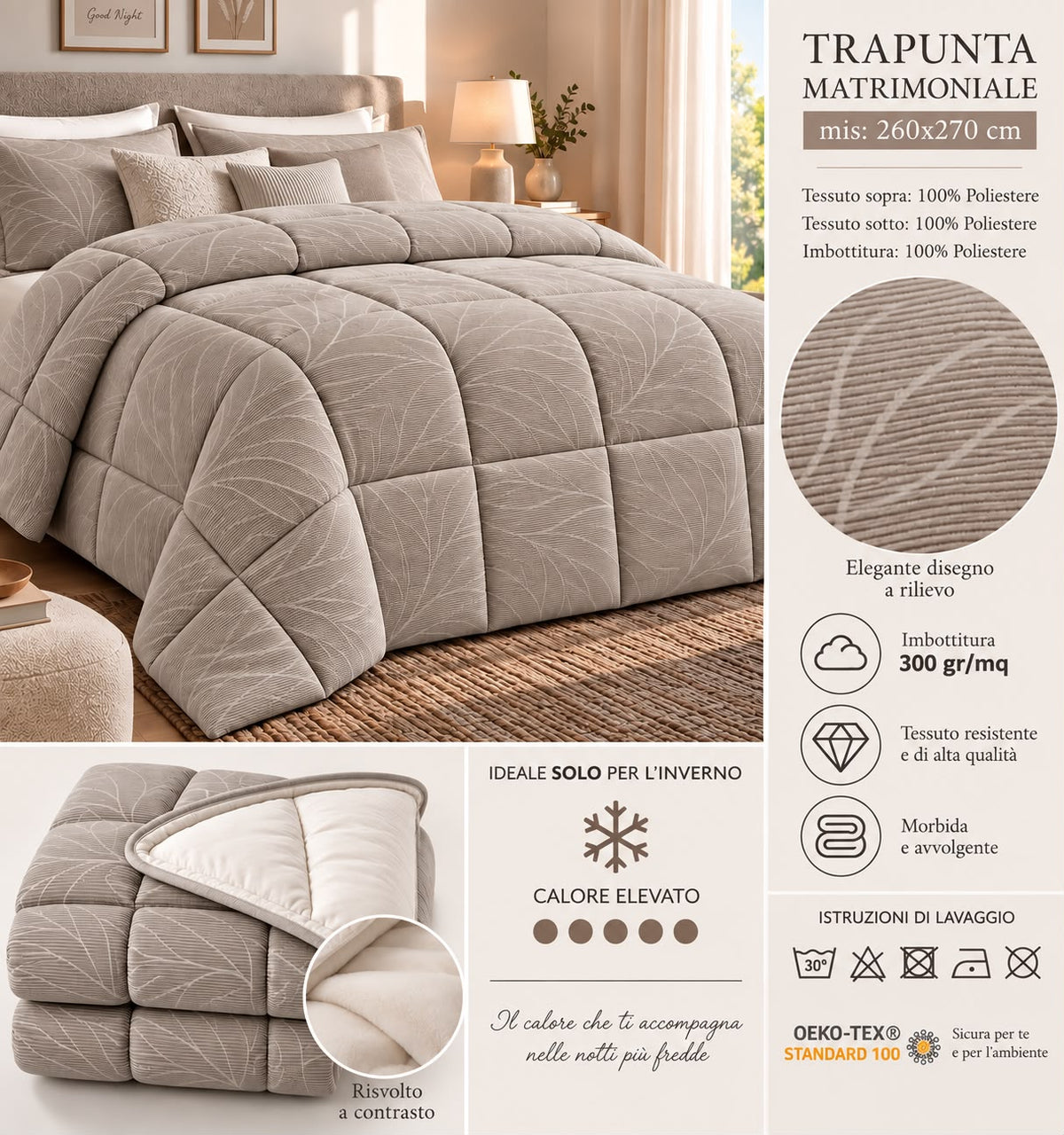 Trapunta Piumone Matrimoniale Invernale in Velluto 260x270 cm 300 g/m² Disegno a Rilievo Motivo Foglia Vari colori